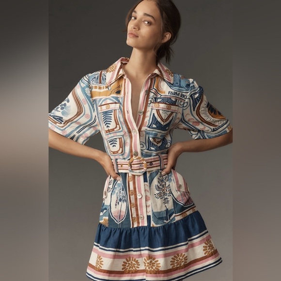farm rio cerrado short-sleeve belted linen mini dress FARM Rio | Dresses | Farm Rio Cerrado Shortsleeve Belted Linen Mini Dress Size Small Nwt